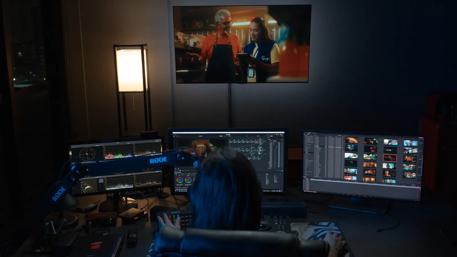Marcelo Sant'Anna na sala de cor, de costas, diante do DaVinci Resolve e de uma tela com um comercial
